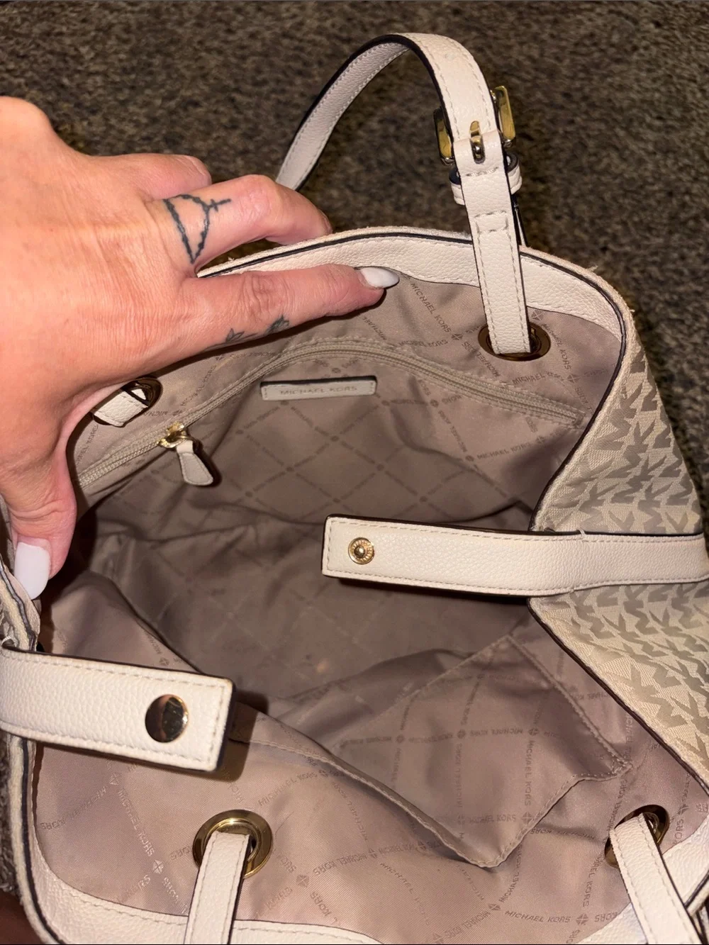 Authentic Michael Kors Cream-Beige MK Logo Shoulder Tote with Gold Accents